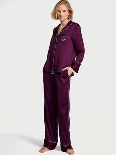 Піжама Сатинова Victoria's Secret Signature Satin Long Pajama Set Party On Purple & Scuba Blue &mdash; основне фото товару, вигляд спереду