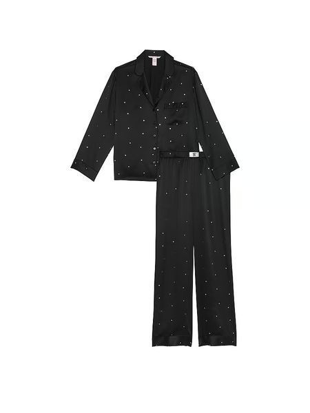 Подарунковий набір Victoria's Secret Піжама Сатинова Satin Dew Drop Long Pajama Set + Крем-гель для душу Vanilla Bean Macadamia &mdash; основне фото товару, вигляд спереду