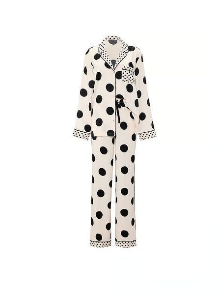 Піжама Victoria's Secret Signature Satin Long Pajama Set Tan & Black Dots &mdash; основне фото товару, вигляд спереду