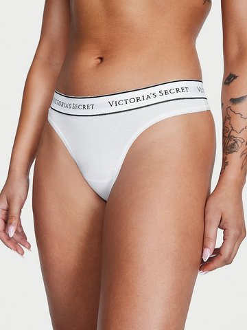 Бавовняні Трусики Victoria's Secret Logo Cotton Thong Panty White 26325985 фото