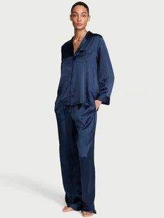 Піжама Сатинова Victoria's Secret Signature Satin Long Pajama Set Noir Navy &mdash; основне фото товару, вигляд спереду
