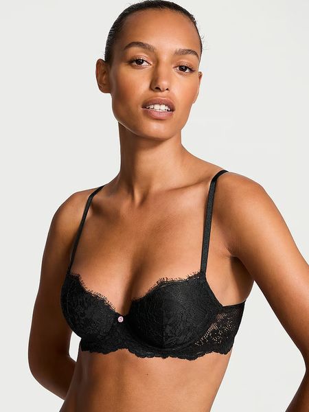 Комплект білизни Victoria's Secret Dream Angels Lace Lightly Lined Classic Coverage Demi Bra & Lace Adjustable String Bikini Panty Black  3255 фото