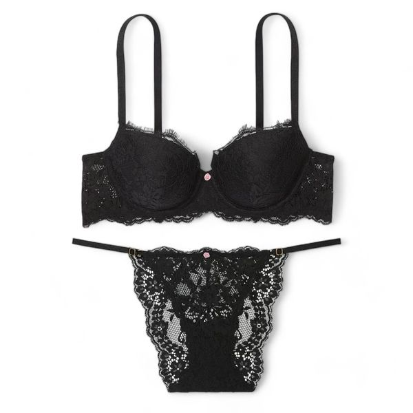 Комплект білизни Victoria's Secret Dream Angels Lace Lightly Lined Classic Coverage Demi Bra & Lace Adjustable String Bikini Panty Black  3255 фото