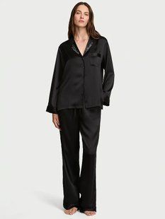 Піжама Сатинова Victoria's Secret Signature Satin Long Pajama Set Embroidered Collar Black &mdash; основне фото товару, вигляд спереду