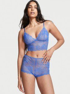 Кружевной комплект для сна Victoria's Secret Lacie Cropped Cami Boyshort Set Blue 26474318 фото