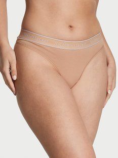 Бавовняні Трусики Victoria's Secret Logo Cotton Thong Panty Beige &mdash; основне фото товару, вигляд спереду