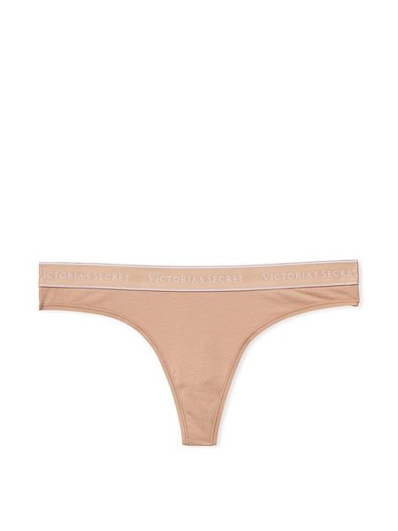 Бавовняні Трусики Victoria's Secret Logo Cotton Thong Panty Beige 26688436 фото