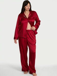 Піжама Сатинова Victoria's Secret Signature Satin Long Pajama Set  Embroidered Collar Red Lacquer &mdash; основне фото товару, вигляд спереду