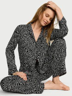 Пижама Victoria's Secret Signature Satin Long Pajama Set Black 27365000 фото