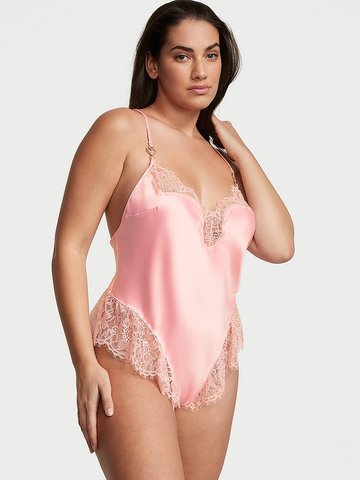 Сатиновий Ромпер Victoria’s Secret Satin Lace High-Leg Romper Pink 26748768 фото