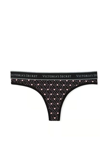 Хлопковые трусики стринги Victoria's Secret Logo Cotton Thong Panty Black Logo Hearts 26987574 фото
