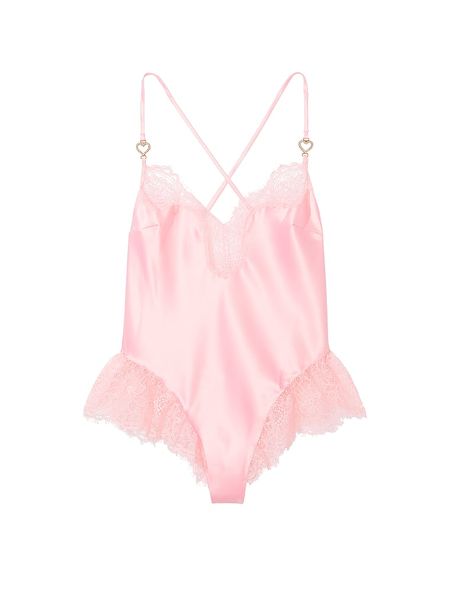 Сатиновий Ромпер Victoria’s Secret Satin Lace High-Leg Romper Pink 26748768 фото