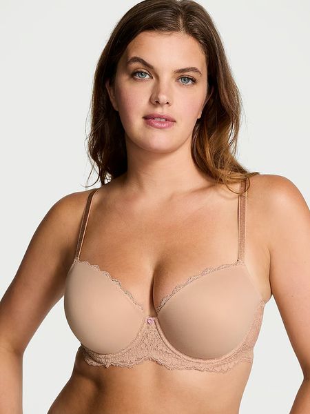 Комплект білизни Victoria's Secret Dream Angels Smooth & Lace Lightly Lined Classic Coverage Demi Bra  & Lace-Trim Thong Panty Praline 432\181 фото