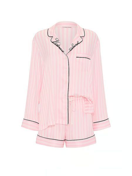 Піжама Victoria's Secret Signature Satin Long-Sleeve Short Pajama Set Pink Stripe &mdash; основне фото товару, вигляд спереду