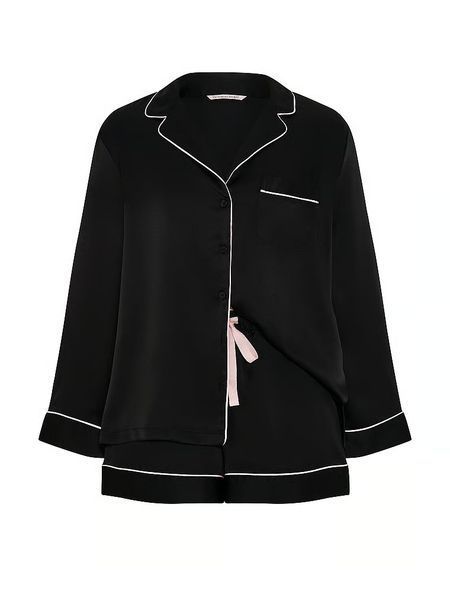 Піжама Victoria's Secret Signature Satin Long-Sleeve Short Pajama Set Black &mdash; основне фото товару, вигляд спереду