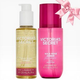Подарунковий набір Victoria's Secret Wild Rose Amber Body & Massage Oil + Hair & Body Mist &mdash; основне фото товару, вигляд спереду