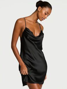 Пеньюар Victoria's Secret Black Satin Lace Trim Draped Slip Dress 27175682 фото