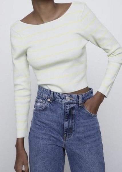 Светр жіночий ZARA Sweater Women's Yellow Mint Cropped Striped Scoop Back 3519\031\423 фото