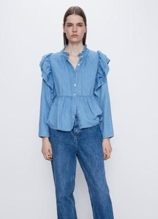 Сорочка жіноча ZARA Ruffle Trimmed Long Sleeve Button Down Denim Chambray Blue Medium 6929\005\406 фото