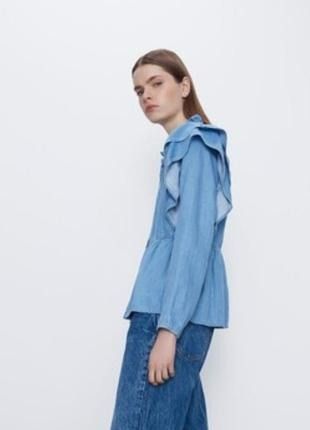 Сорочка жіноча ZARA Ruffle Trimmed Long Sleeve Button Down Denim Chambray Blue Medium 6929\005\406 фото