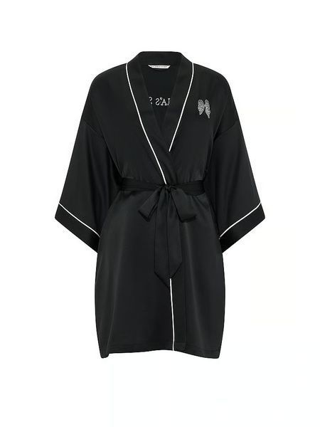 Халат Victoria's Secret Signature Satin Short Piped Robe Black 27388779 фото