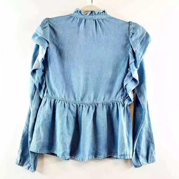 Сорочка жіноча ZARA Ruffle Trimmed Long Sleeve Button Down Denim Chambray Blue Medium 6929\005\406 фото