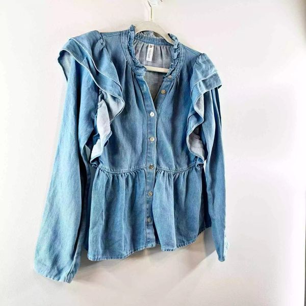 Сорочка жіноча ZARA Ruffle Trimmed Long Sleeve Button Down Denim Chambray Blue Medium 6929\005\406 фото