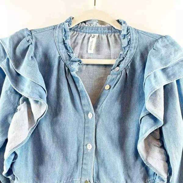 Сорочка жіноча ZARA Ruffle Trimmed Long Sleeve Button Down Denim Chambray Blue Medium 6929\005\406 фото