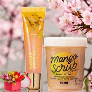 Подарунковий набір Victoria's Secret Скраб для тіла Mango Scrub Pink + Блиск для Губ Mango Sunrise &mdash; основне фото товару, вигляд спереду
