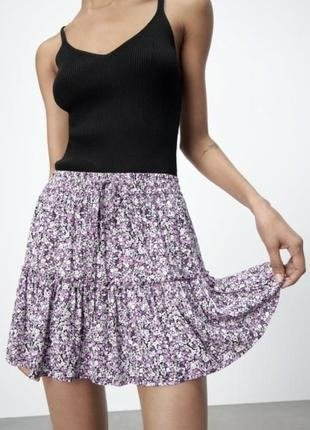 Спідниця - шорти Zara Skirt Womens Small Purple Floral Print Ruffle Tapered Flare Skirt 13155 фото