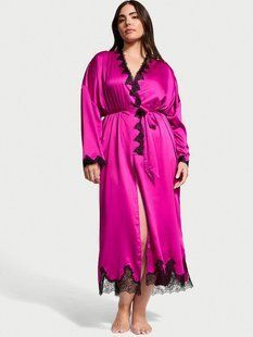 Халат Атласный Victoria's Secret Satin & Rose Lace Open-Back Long Robe Pink 29978109D фото