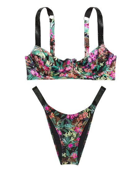 Купальник Victoria's Secret Shine Strap Wicked Bikini Top & Brazilian Bottom Black Palm 26473769-26473406 фото