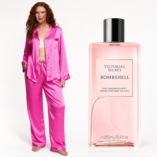 Подарунковий набір піжама Сатинова Victoria's Secret Glazed Satin Shine + Парфумований Спрей Victoria's Secret Bombshell Fine &mdash; основне фото товару, вигляд спереду