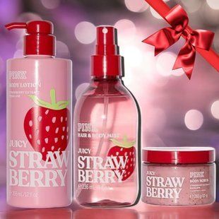 Набір Victoria's Secret Juicy Strawberry Fragrance Mist + Scrub + Lotion &mdash; основне фото товару, вигляд спереду