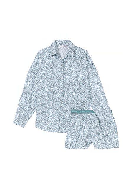 Піжама Victoria's Secret Cotton Long-Sleeve Shirt & Shorts Set Green Floral &mdash; основне фото товару, вигляд спереду