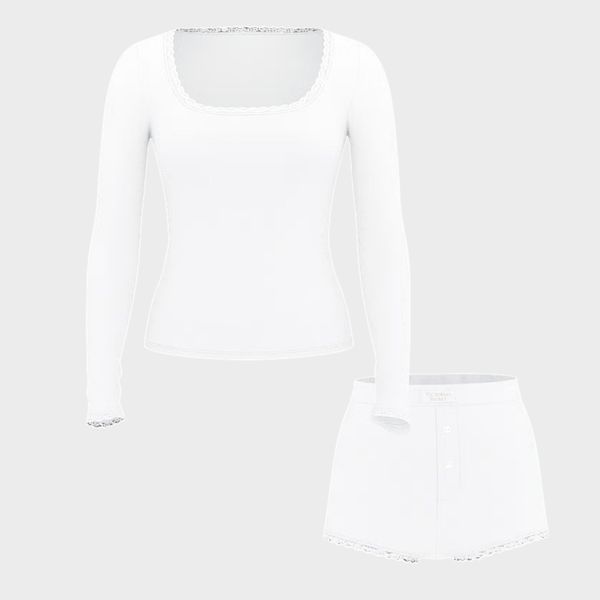 Піжама з шортами для сну Victoria's Secret Pointelle Modal Long-Sleeve Scoop Top & Shortie Set &mdash; основне фото товару, вигляд спереду