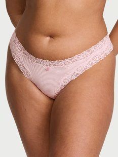 Трусики стринги Victoria's Secret Lace Trim Cotton Shadow Stripe Lace-Waist Thong Panty 27115666 фото