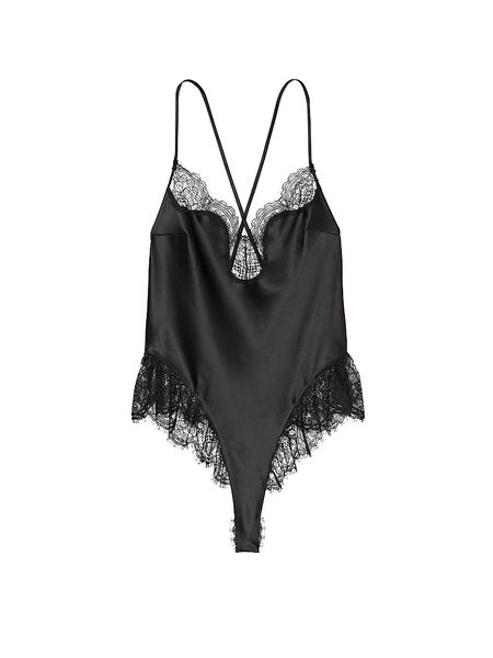 Сатиновий Ромпер Victoria’s Secret Satin Lace High-Leg Romper Black X-023 фото