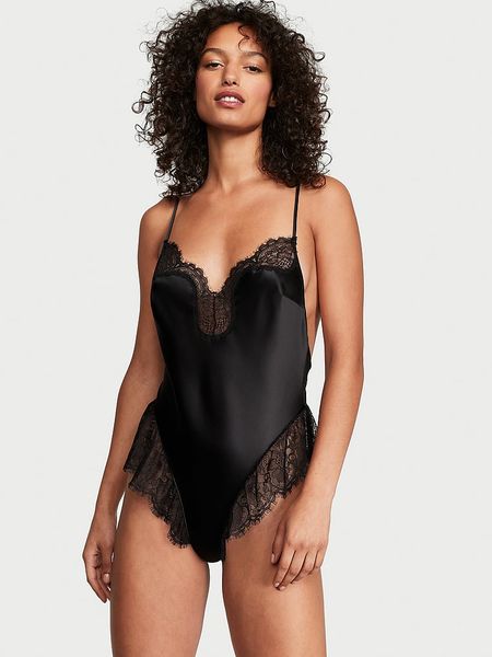 Сатиновий Ромпер Victoria’s Secret Satin Lace High-Leg Romper Black X-023 фото