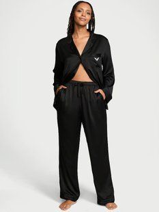 Піжама Victoria's Secret Fashion Show '24 Glazed Satin Long Pajama Set Black New  &mdash; основне фото товару, вигляд спереду