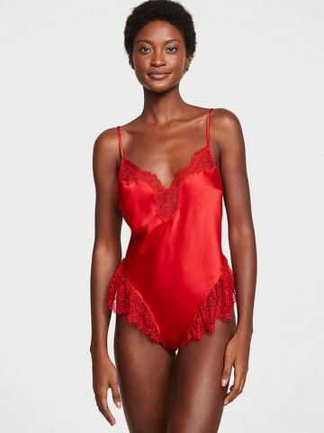 Сатиновий Ромпер Victoria’s Secret Satin Lace High-Leg Romper Red 26746594 фото