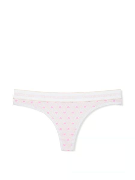 Хлопковые трусики стринги Victoria's Secret Logo Cotton Thong Panty White & Pink Hearts 26987587 фото