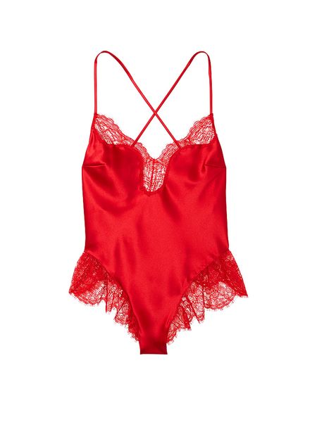 Сатиновий Ромпер Victoria’s Secret Satin Lace High-Leg Romper Red 26746594 фото