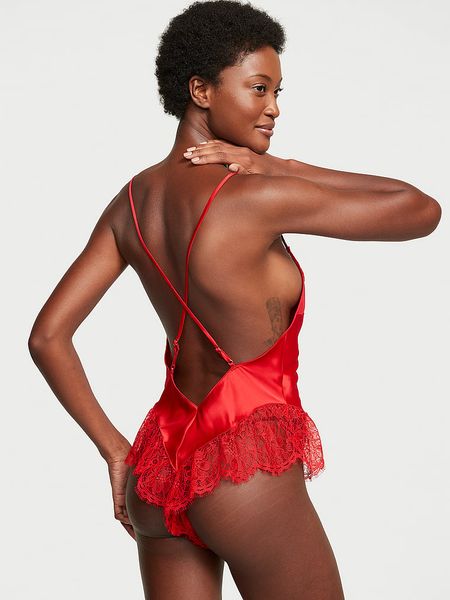 Сатиновий Ромпер Victoria’s Secret Satin Lace High-Leg Romper Red 26746594 фото