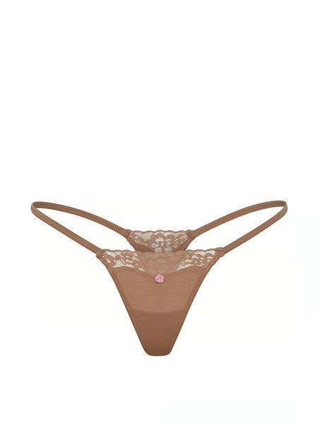 Трусики стрінги Victoria's Secret Lace Trim Cotton Lace-Trim Itsy V-String Panty Praline &mdash; основне фото товару, вигляд спереду