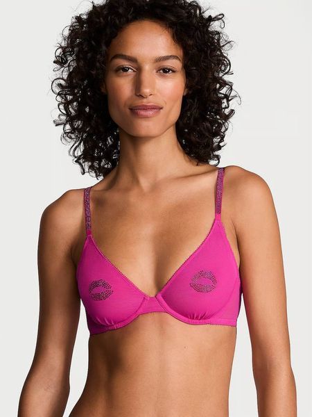 Комплект белья Victoria's Secret Very Sexy Sheer Shine Motif Unlined Low-Cut Demi Bra Fuchsia Frenzy + Трусики-стринги Fuchsia Frenzy 27178869D фото