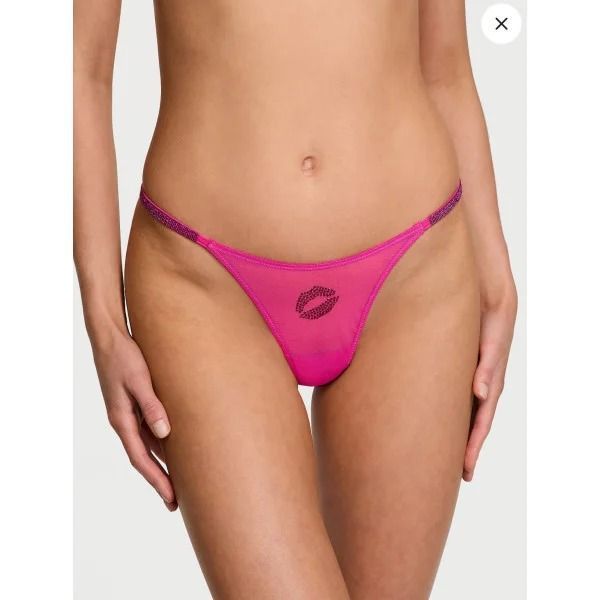Комплект белья Victoria's Secret Very Sexy Sheer Shine Motif Unlined Low-Cut Demi Bra Fuchsia Frenzy + Трусики-стринги Fuchsia Frenzy 27178869D фото