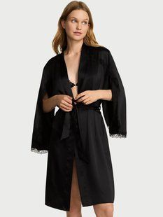 Халат Атласный Victoria's Secret Very Sexy Satin Rose Lace-Trim Midi Robe Black 27178922D фото